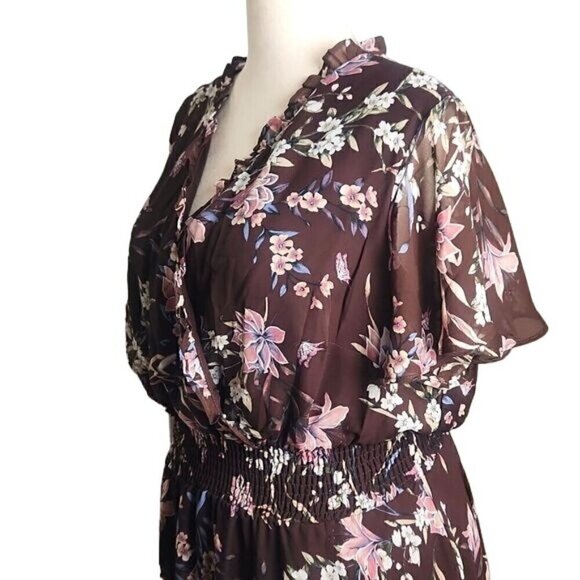 Lane Bryant Brown Floral Sleeve Flutter Bohemian Chiffon Maxi Dress Size 22/24W - Picture 4 of 13